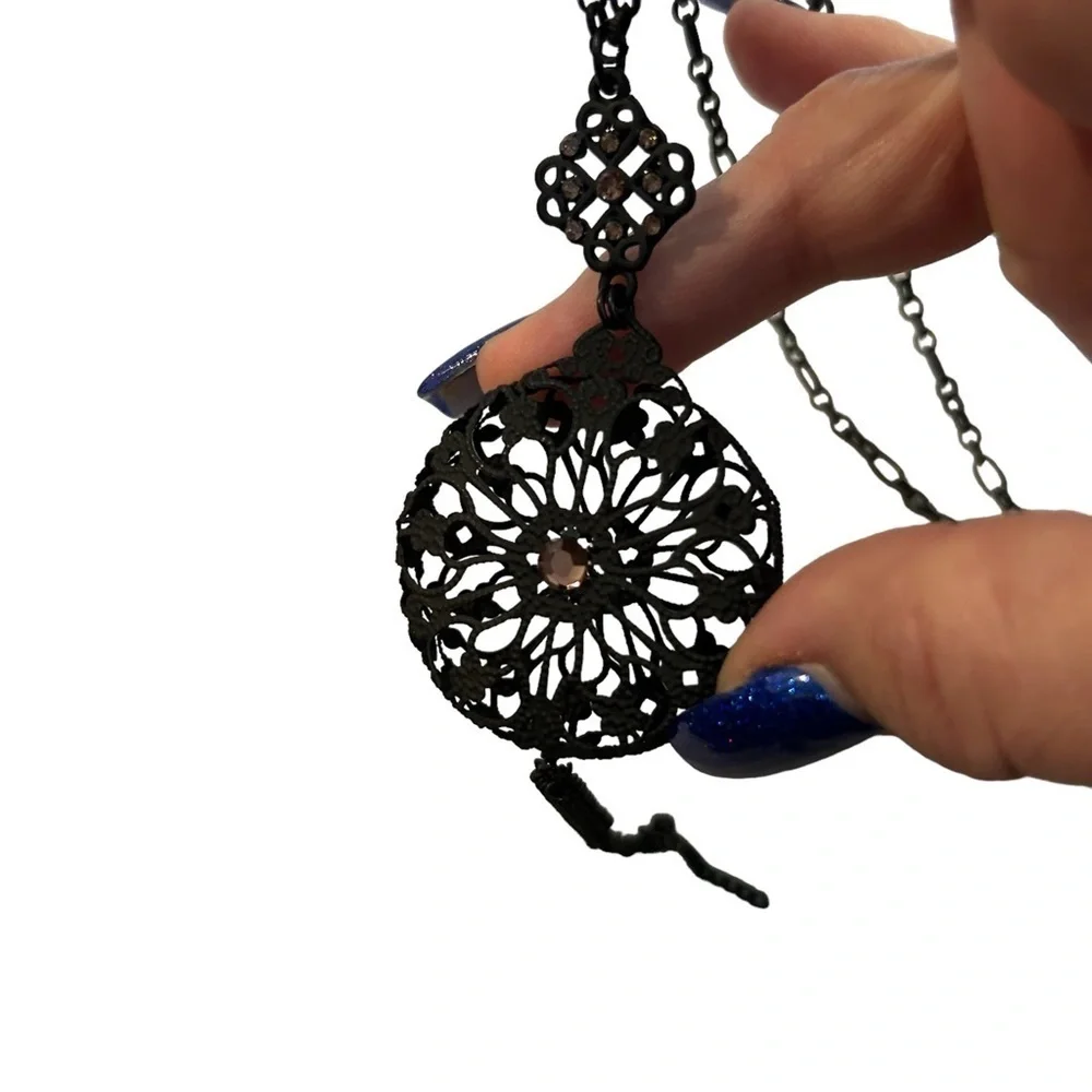 Necklace Stephan & Co. Matte Black 3D Lace Metal Pink Rhinestone Tassel